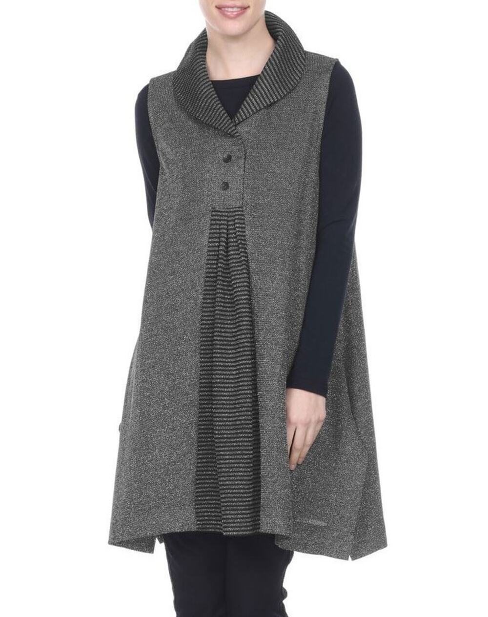 Terra SJ Apparel Knit Tunic Top Women S Gray Black Wire Collar Button Pleat Slit